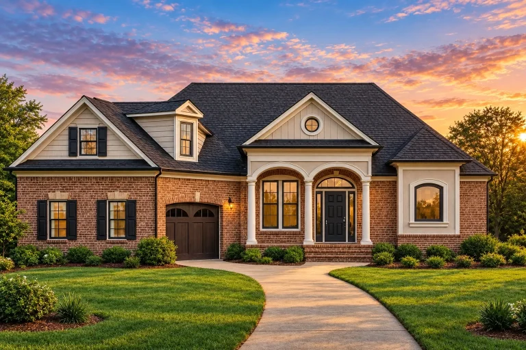 Front view of a Traditional French Country style house featuring a brick exterior, arched porch columns, and board and batten gable accents