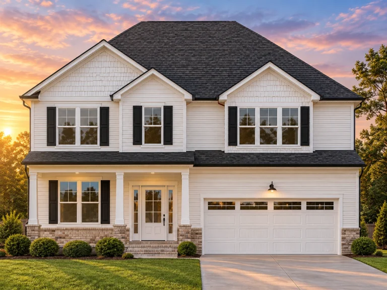 Front elevation of a New American Traditional Suburban house featuring horizontal lap siding, symmetrical windows, and an attached two-car garage