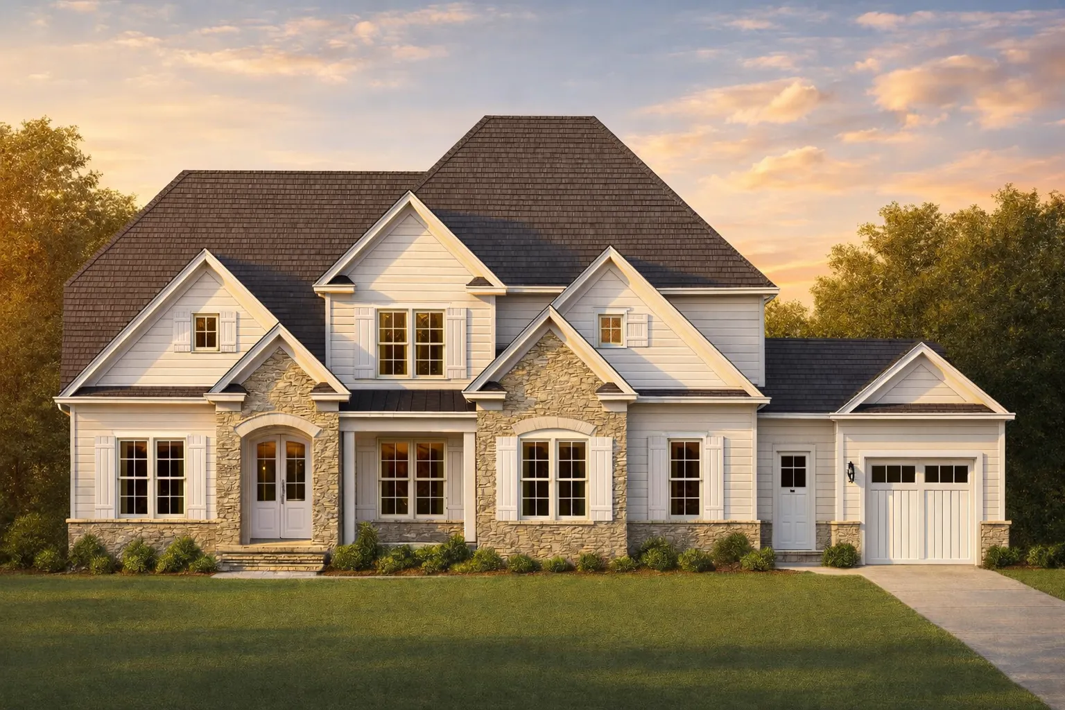 Front elevation of a New American modern traditional house with stone accents, horizontal siding, symmetrical windows, and attached garage
