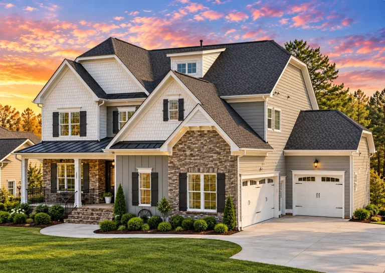 Cottage House Plans 1 Front exterior of a New American Traditional Colonial style house with brick façade, horizontal siding, gabled rooflines, and covered front porch