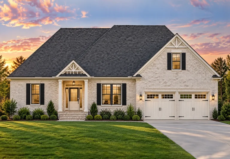 Front elevation of a Traditional Suburban New American style home featuring horizontal siding, stone accents, gabled rooflines, and a welcoming covered entry