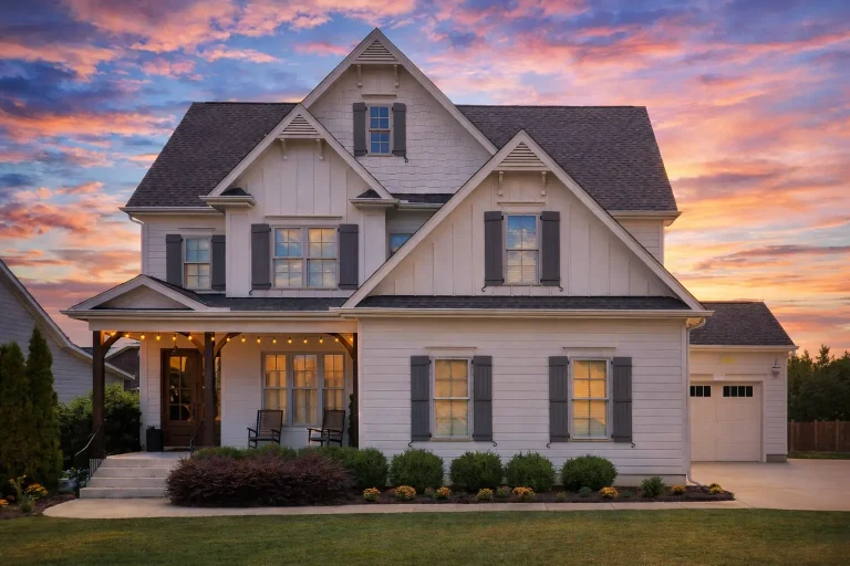 Front elevation of a modern farmhouse style home featuring board and batten siding, gabled rooflines, covered porch, and warm interior lighting