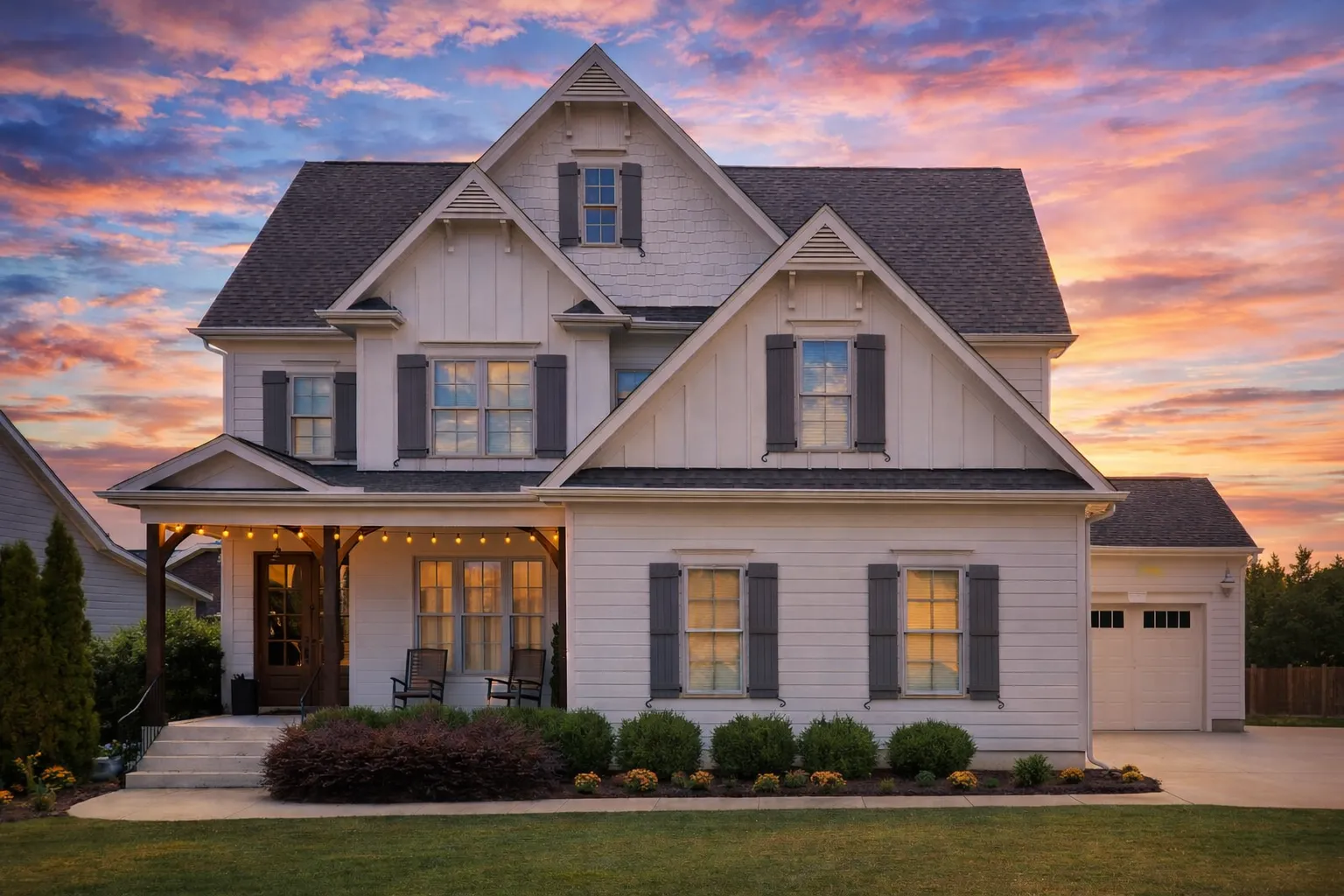 Craftsman House Plans 13 Front elevation of a modern farmhouse style home featuring board and batten siding, gabled rooflines, covered porch, and warm interior lighting