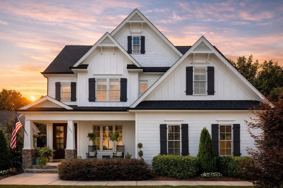 Two-story Craftsman Farmhouse with stone porch columns, gable brackets, and board and batten siding
