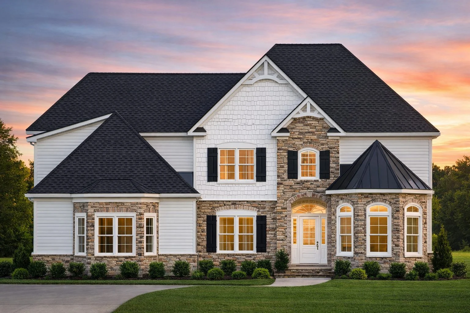 Front elevation of a New American Modern Traditional house with mixed stone and horizontal siding, symmetrical windows, and steep gabled roof