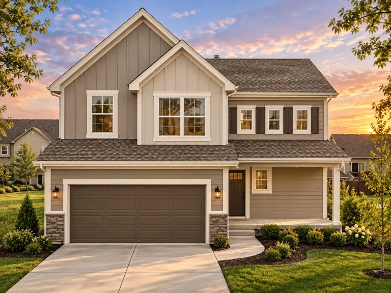 Front elevation of a New American farmhouse style home with blue horizontal siding, board and batten accents, stone base, and attached two car garage