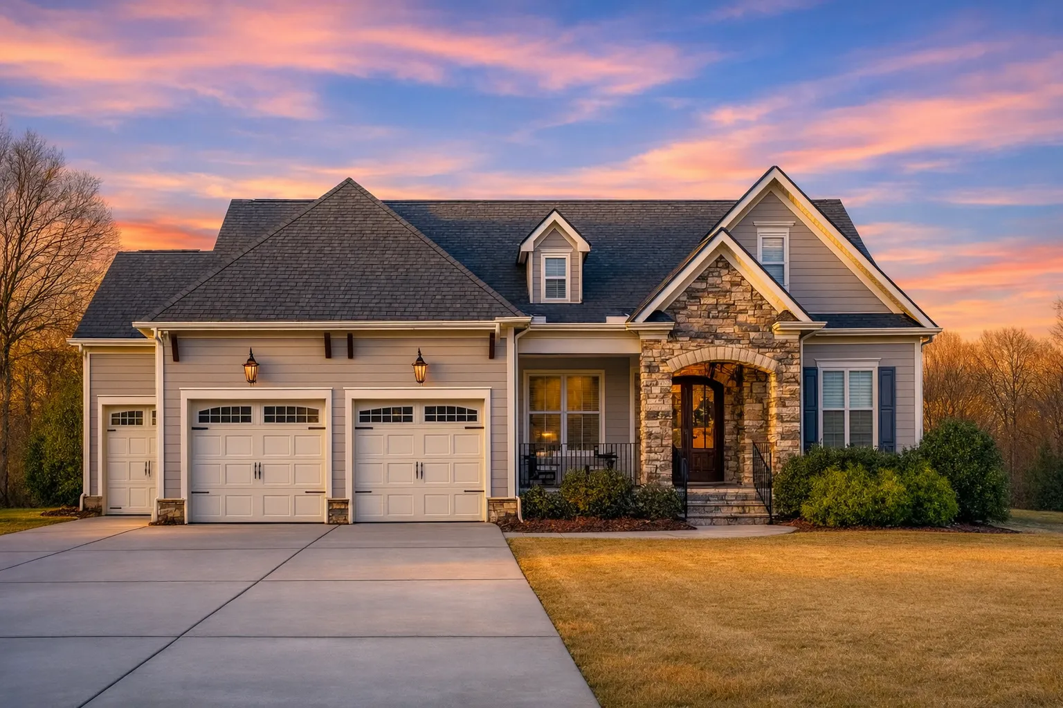 New American Craftsman house design with stone-accented entry, classic siding exterior, balanced rooflines, and timeless suburban character