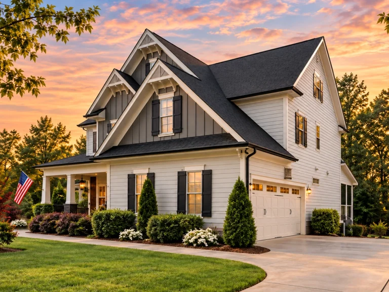 Georgian House Plans 19 Two-story Craftsman Farmhouse with stone porch columns, gable brackets, and board and batten siding