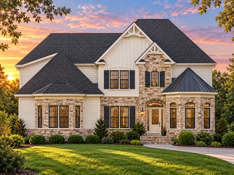 Front elevation of a New American Modern Traditional house with mixed stone and horizontal siding, symmetrical windows, and steep gabled roof