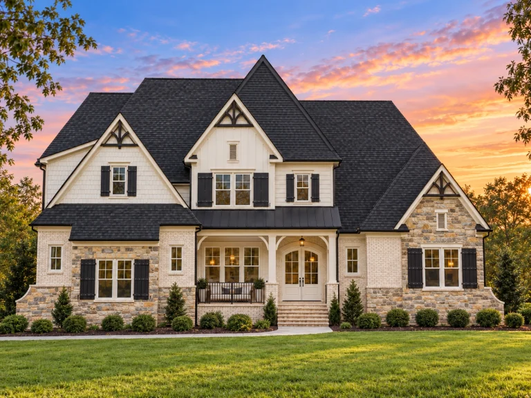 Front elevation of a New American (Modern Traditional) home with Craftsman details, lap siding, stone veneer wainscot, steep gables, black shutters, and a covered front porch