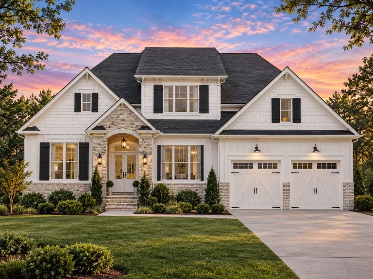 House Plans with Spacious Laundry Room 4 Front elevation of a Traditional Colonial style home with horizontal siding, stone porch columns, symmetrical windows, and a two-car garage