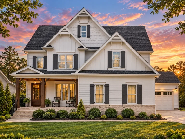 Front elevation of a modern farmhouse style home featuring board and batten siding, gabled rooflines, covered porch, and warm interior lighting