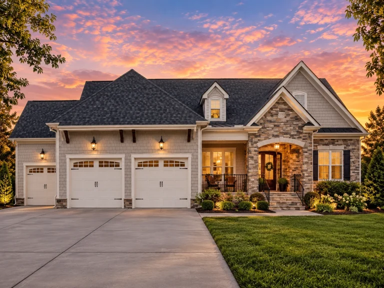 New American Craftsman house design with stone-accented entry, classic siding exterior, balanced rooflines, and timeless suburban character