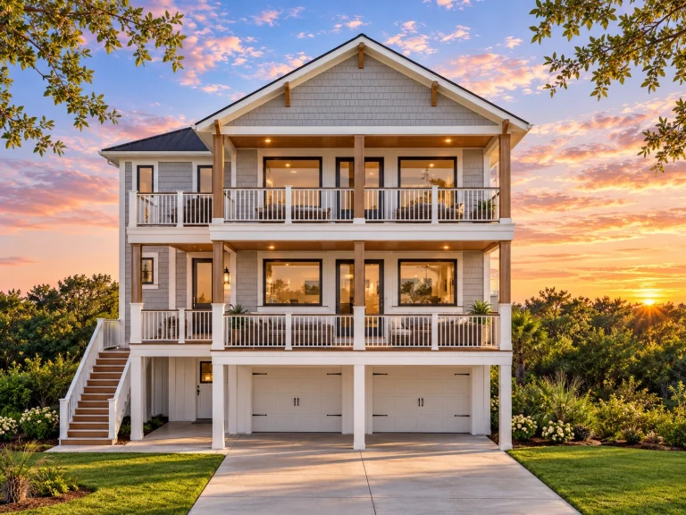 Front elevation of a three-story Coastal Beach House with lap siding, board-and-batten accents, elevated garage, stacked balconies, and symmetrical coastal architecture