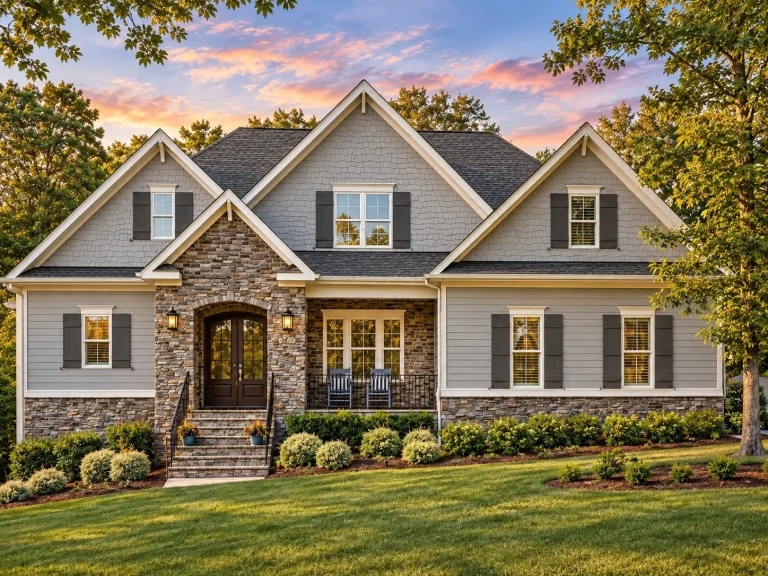 Modern Suburban House Plans 13 Front exterior of a New American Modern Traditional house featuring horizontal siding, stone accents, gabled rooflines, and landscaped front yard