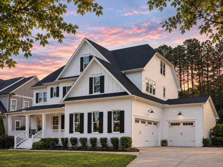 Modern Suburban House Plans 9 Front elevation of a New American Traditional style home featuring horizontal lap siding, board and batten accents, symmetrical Colonial façade, and covered front porch