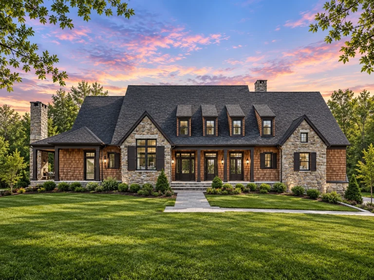 Front elevation of a Traditional Colonial Cape Cod style home with brick and stone exterior, dormer windows, and elegant symmetrical façade