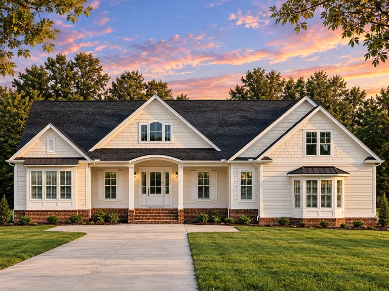 Front elevation of a Cape Cod style house featuring symmetrical design, horizontal siding, multi-pane windows, and a welcoming covered entry