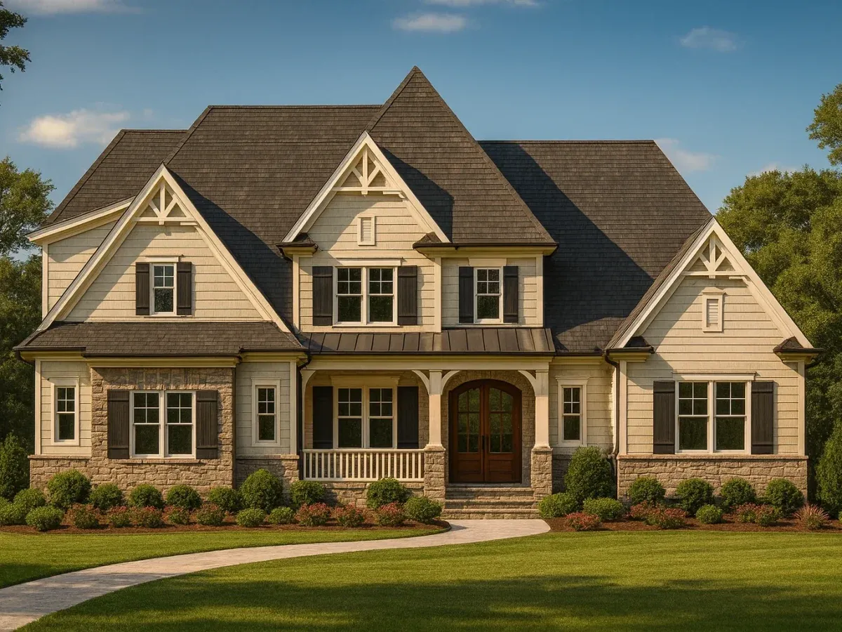 Front elevation of a New American (Modern Traditional) home with Craftsman details, lap siding, stone veneer wainscot, steep gables, black shutters, and a covered front porch