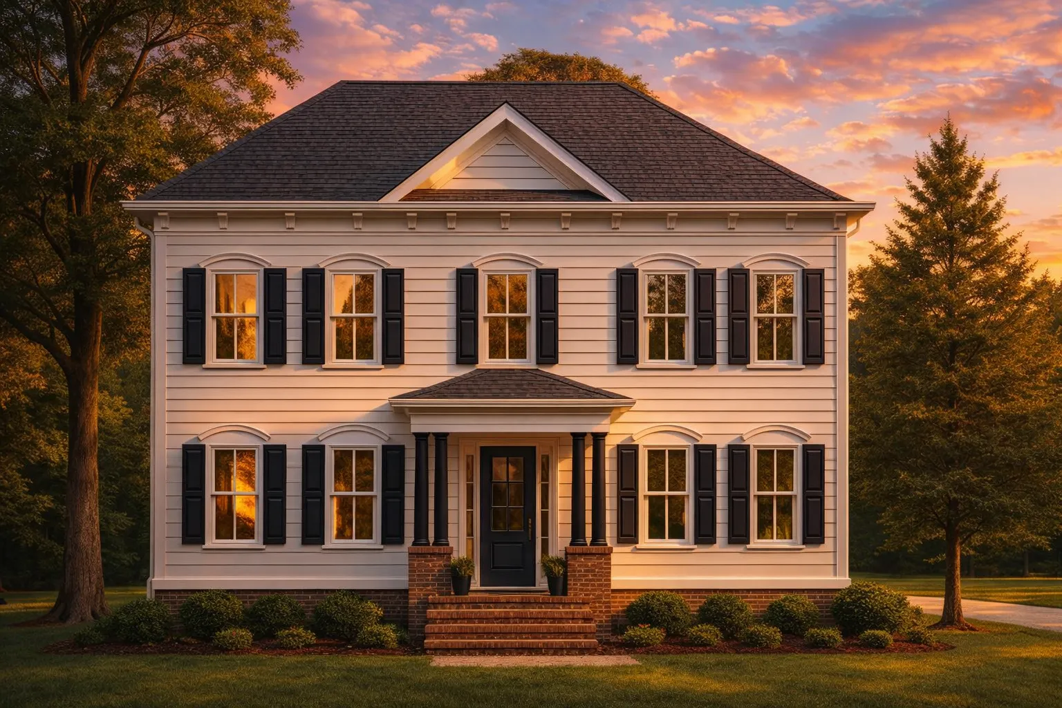 Adobe House Plans 15 Front elevation of a Traditional Colonial style home featuring horizontal siding, brick foundation, central entry porch, and classic black shutters