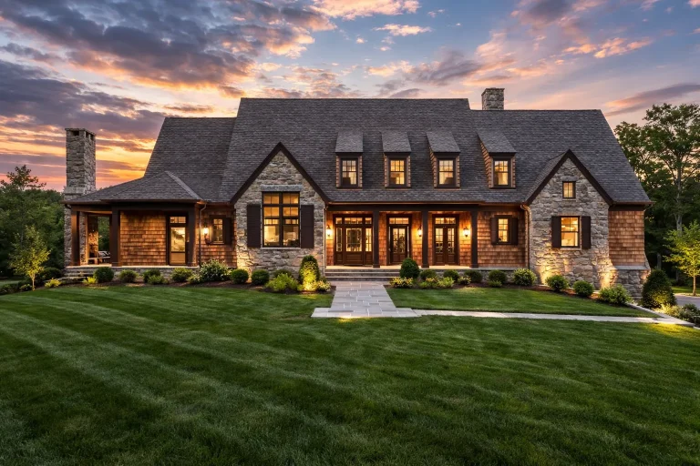 Front elevation of a Traditional Colonial Cape Cod style home with brick and stone exterior, dormer windows, and elegant symmetrical façade