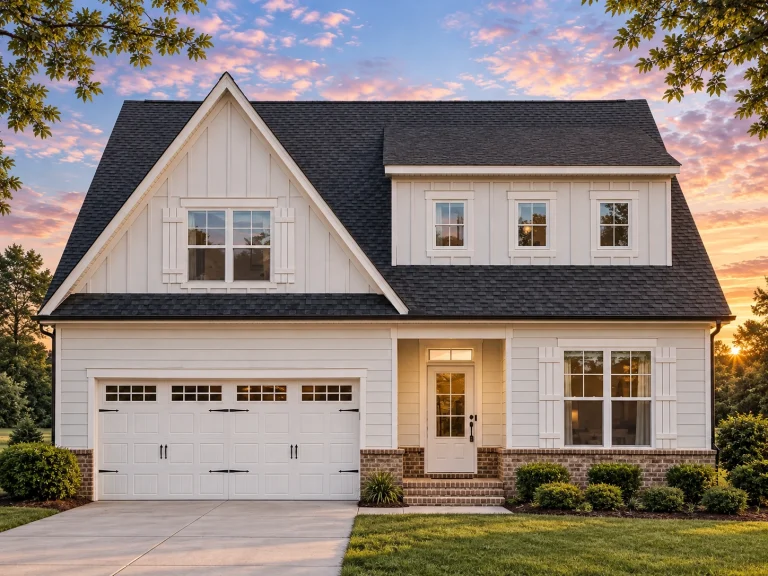 House Plans with Fireplace 10 Front view of a Traditional Craftsman Colonial style home featuring blue siding, shingle gables, brick accents, and white-trimmed windows for timeless curb appeal