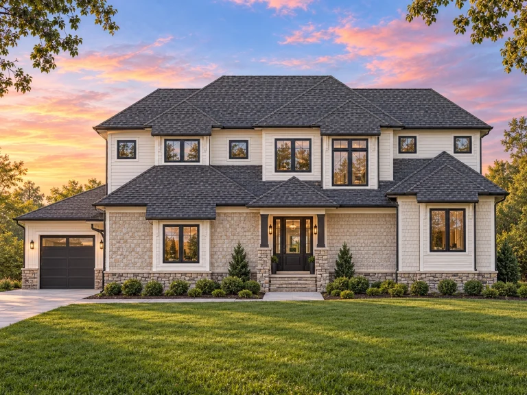 Front elevation of New American style two-story suburban home with horizontal lap siding, board and batten accents, and symmetrical facade