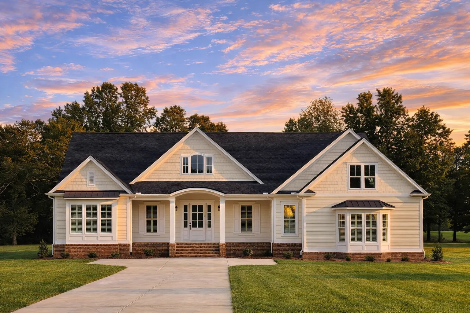 Front elevation of a Cape Cod style house featuring symmetrical design, horizontal siding, multi-pane windows, and a welcoming covered entry