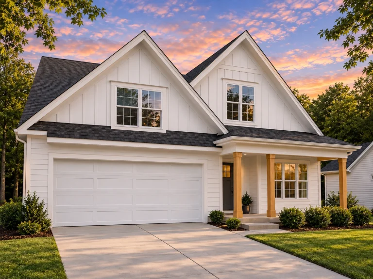 Front elevation of a modern farmhouse style home featuring board and batten siding, gabled rooflines, covered front porch, and attached two-car garage