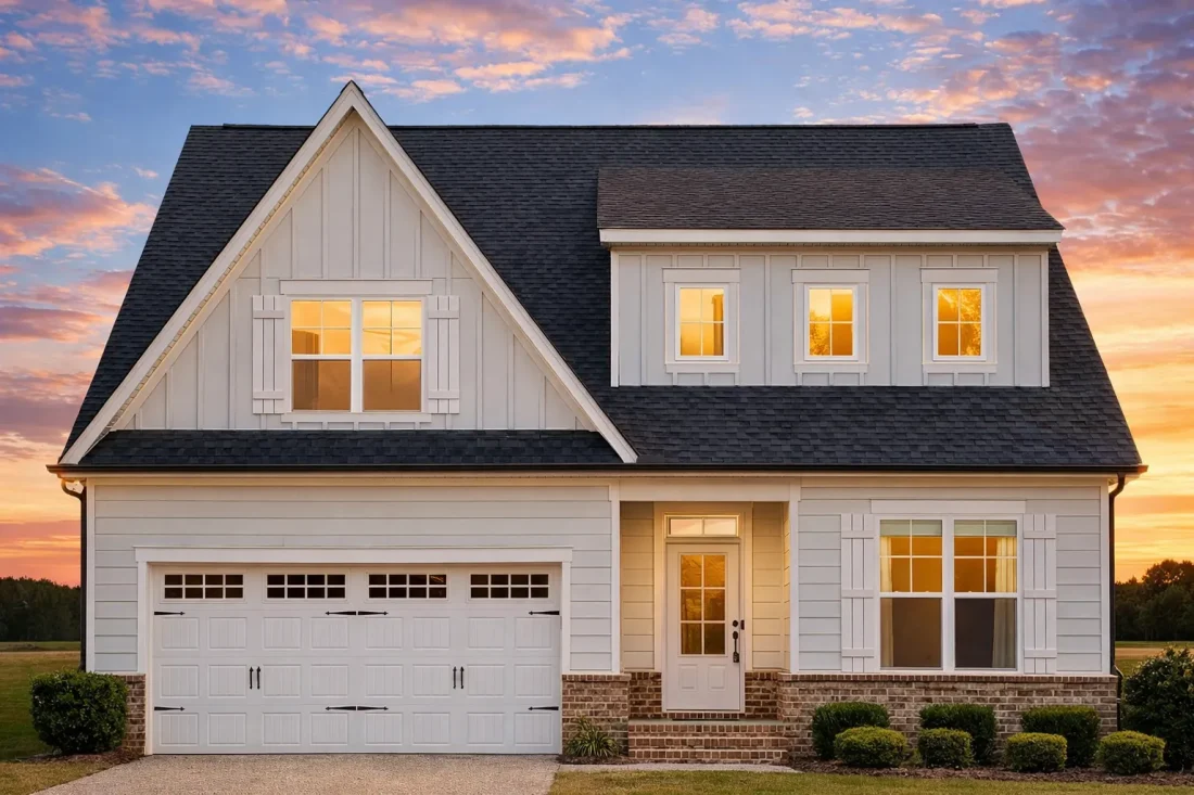 Front view of a Traditional Craftsman Colonial style home featuring blue siding, shingle gables, brick accents, and white-trimmed windows for timeless curb appeal
