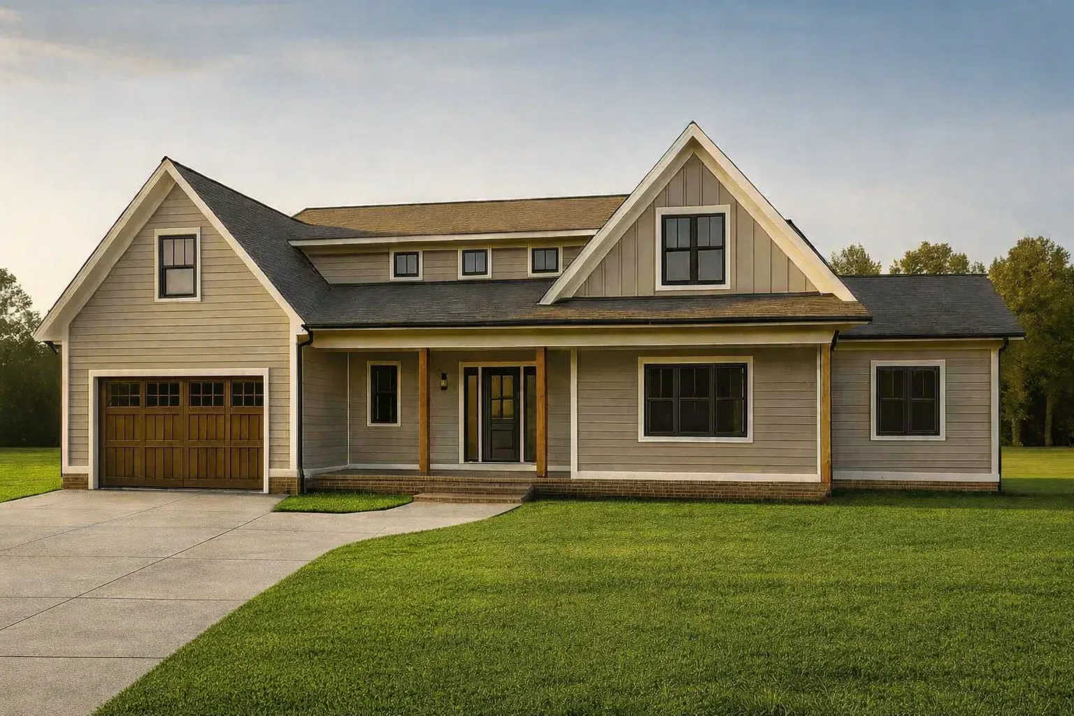 Front exterior view of a modern farmhouse style home with Craftsman influences, board and batten gables, horizontal siding, covered porch, and attached garage