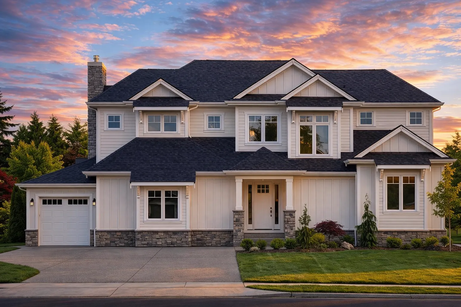 Front elevation of New American style two-story suburban home with horizontal lap siding, board and batten accents, and symmetrical facade