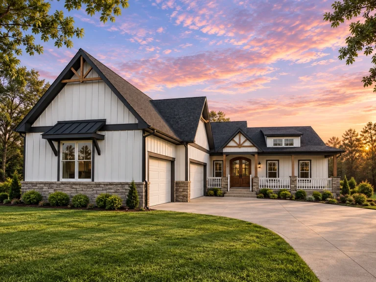 Mid-Size House Plans 22 Front view of Modern Farmhouse style home featuring board and batten siding, stone accents, gable roofs, and inviting entryway design