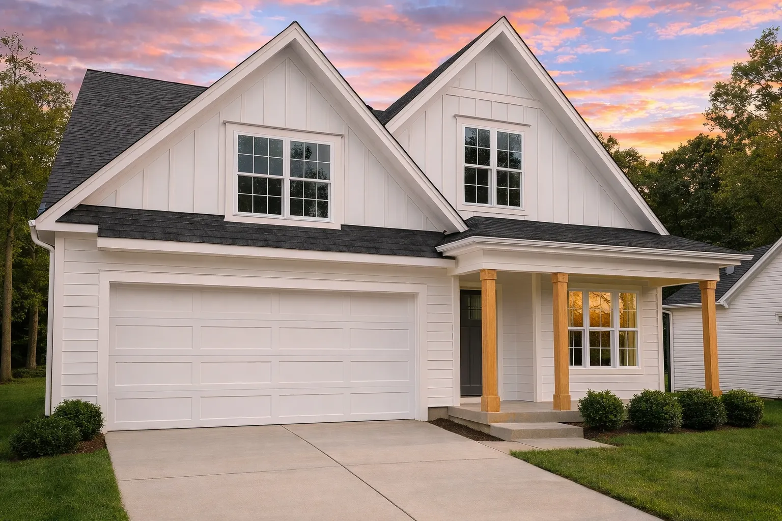Front elevation of a modern farmhouse style home featuring board and batten siding, gabled rooflines, covered front porch, and attached two-car garage
