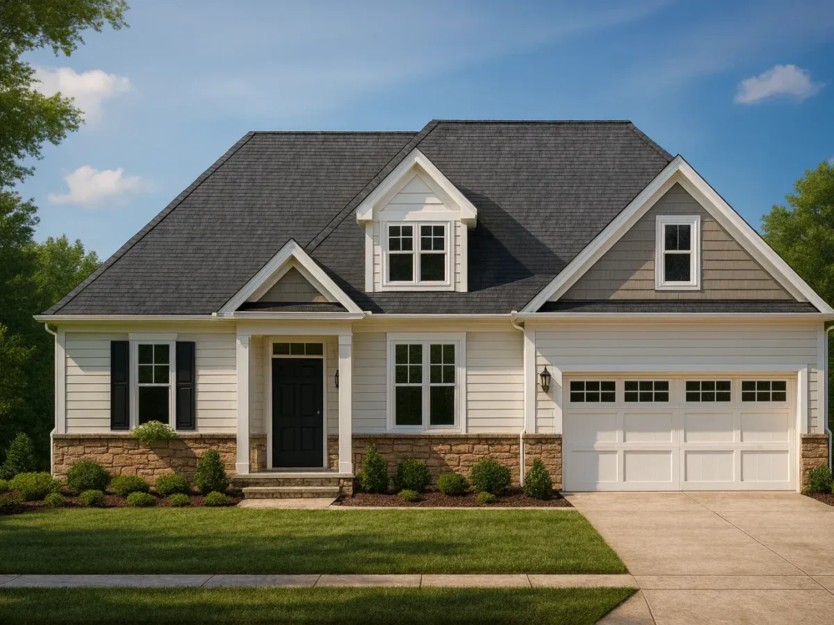 Front elevation of a Traditional Suburban New American style home featuring horizontal siding, stone accents, gabled rooflines, and a welcoming covered entry