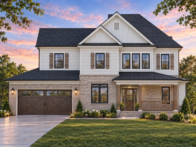 Front elevation of a New American modern traditional house with brick lower exterior, lap siding upper level, symmetrical windows, and covered front porch