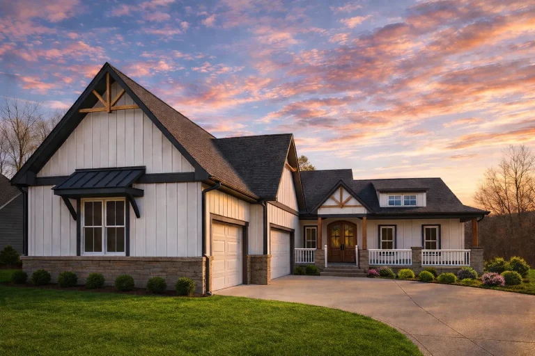 Front view of Modern Farmhouse style home featuring board and batten siding, stone accents, gable roofs, and inviting entryway design