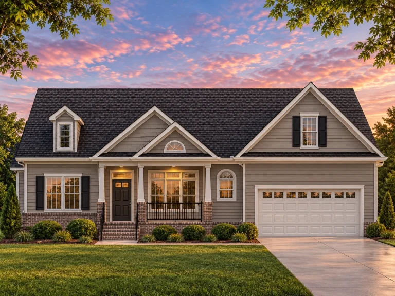 1 Bedroom House Plans 26 Front view of a Cape Cod Traditional Country Cottage style home with beige siding, black shutters, and a welcoming covered porch entry