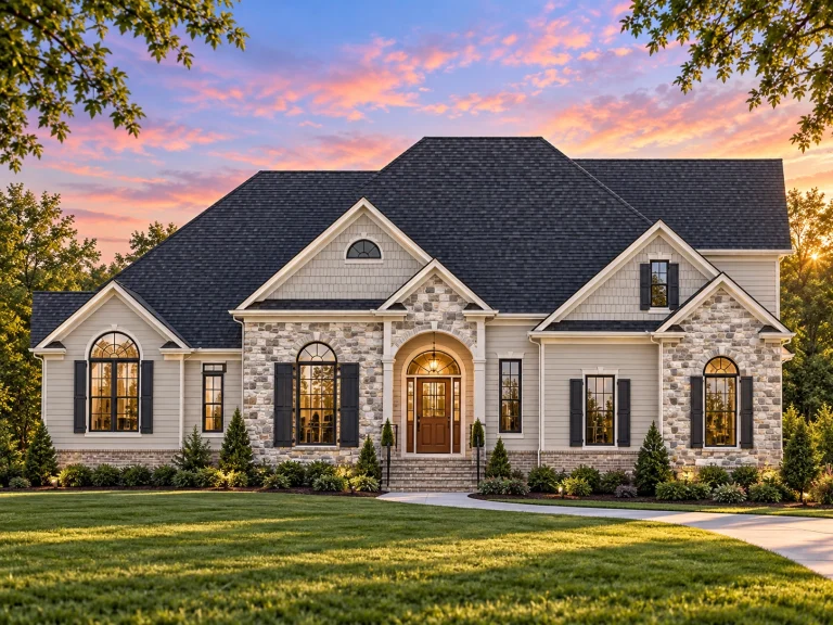 Contemporary House Plans 12 Front view of a Traditional Transitional style home featuring a combination of stone and horizontal siding, arched windows, and a symmetrical facade surrounded by lush landscaping.