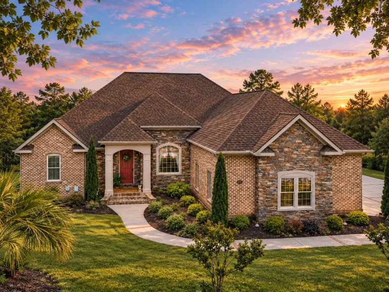 House Plans with Wraparound Porch 18 Front elevation of a French Country Traditional Suburban style home featuring light stone exterior, green shutters, and steep hip rooflines