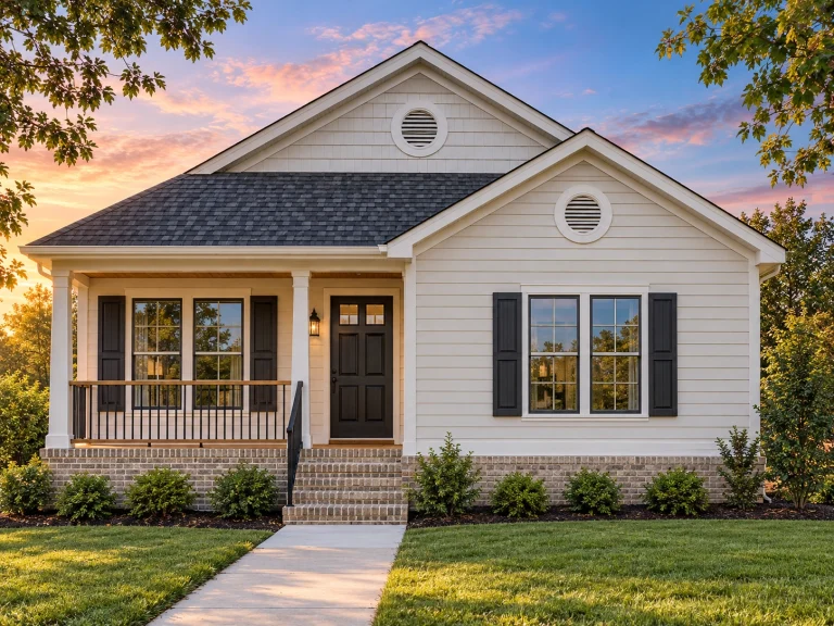 Front elevation of a traditional suburban ranch cottage with horizontal siding, brick foundation, covered porch, and symmetrical windows