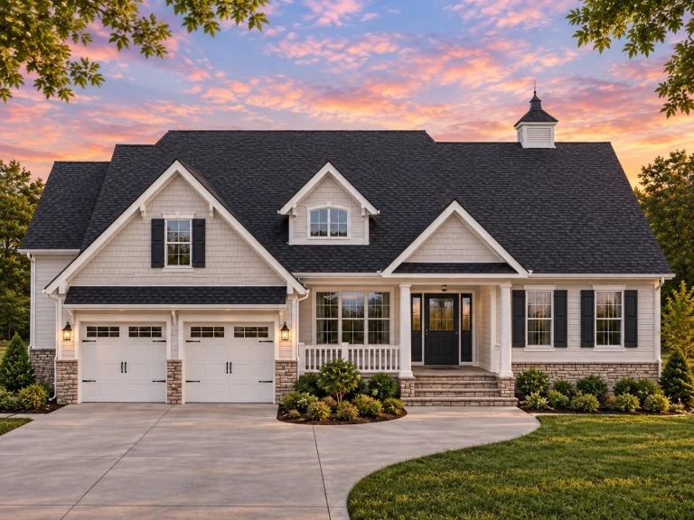 Courtyard House Plans 12 Front elevation of a Cape Cod style home with horizontal siding, stone foundation accents, symmetrical gables, and an attached two car garage