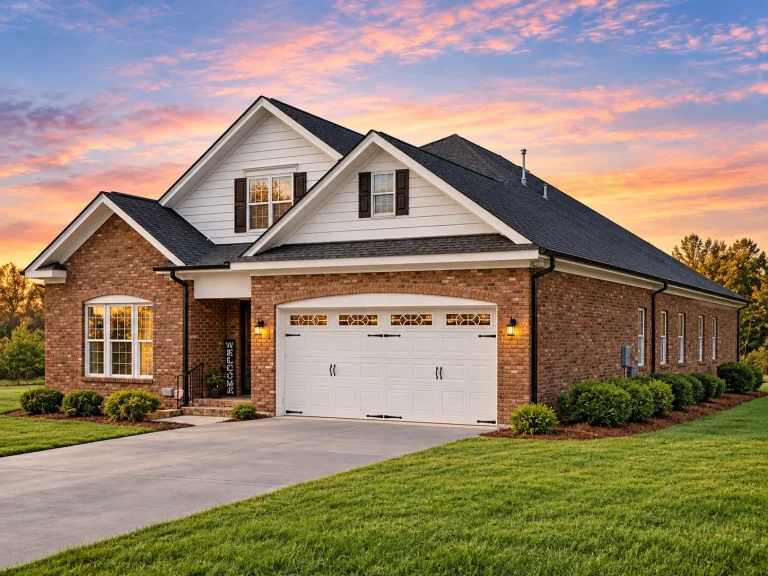 Front elevation of a Traditional Colonial style brick home with Cape Cod influences, symmetrical windows, central entry, and classic shutters