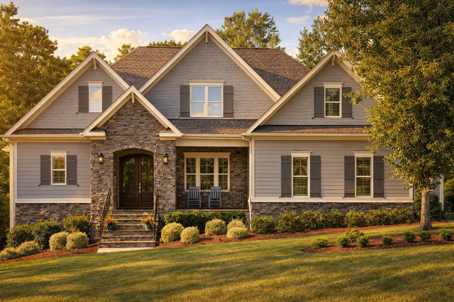 Front exterior of a New American Modern Traditional house featuring horizontal siding, stone accents, gabled rooflines, and landscaped front yard