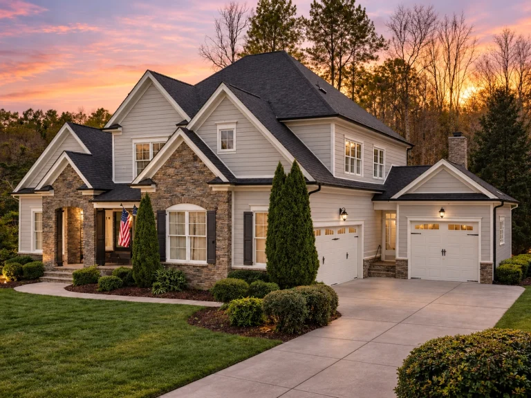 House Plans with Outdoor Kitchen 8 Front elevation of a New American modern traditional house with stone accents, horizontal siding, symmetrical windows, and attached garage