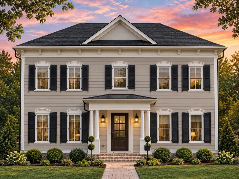 Front elevation of a Traditional Colonial style home featuring horizontal siding, brick foundation, central entry porch, and classic black shutters