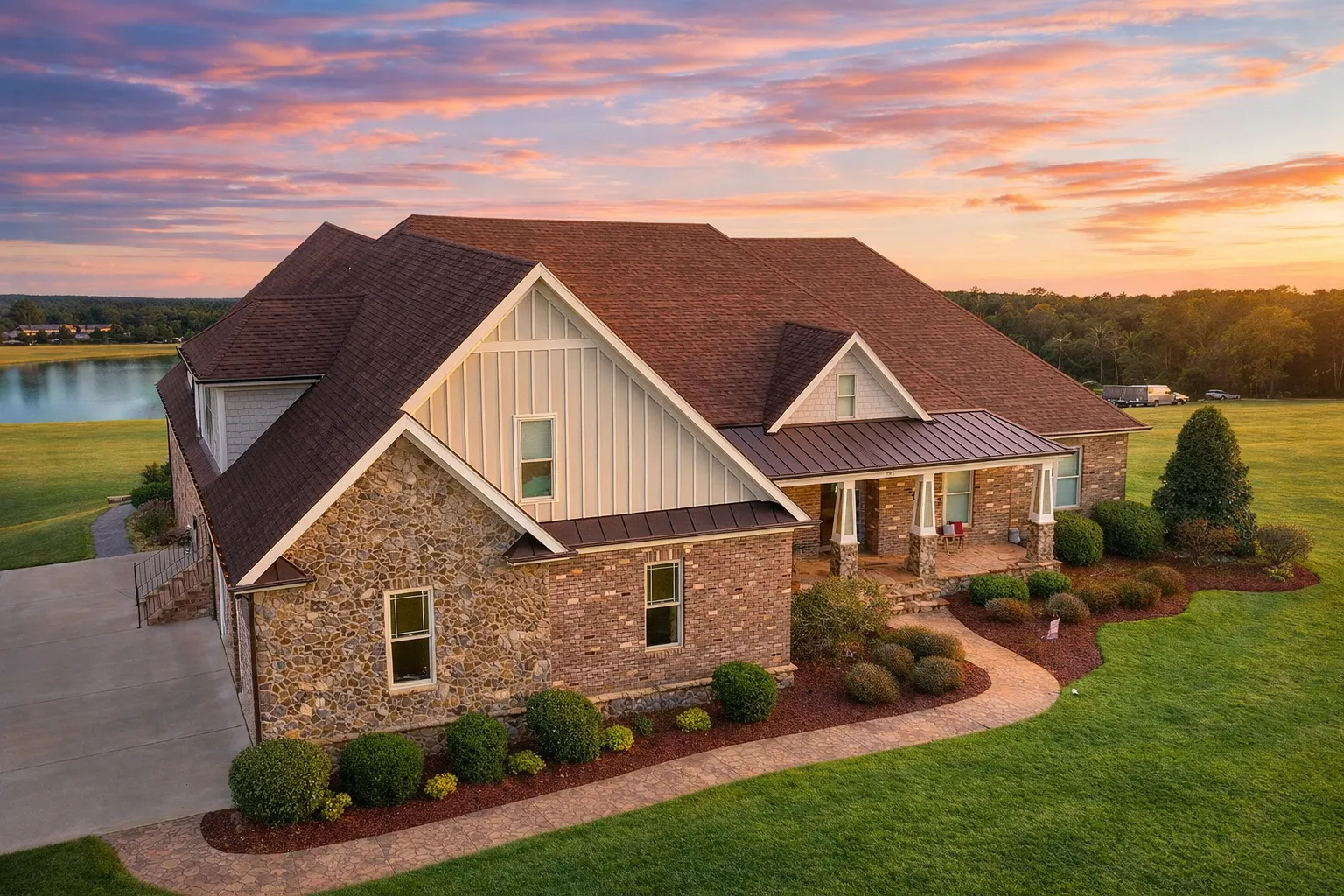 Front exterior view of a New American farmhouse style home with brick and stone facade, board-and-batten siding, metal porch roof, and landscaped lawn
