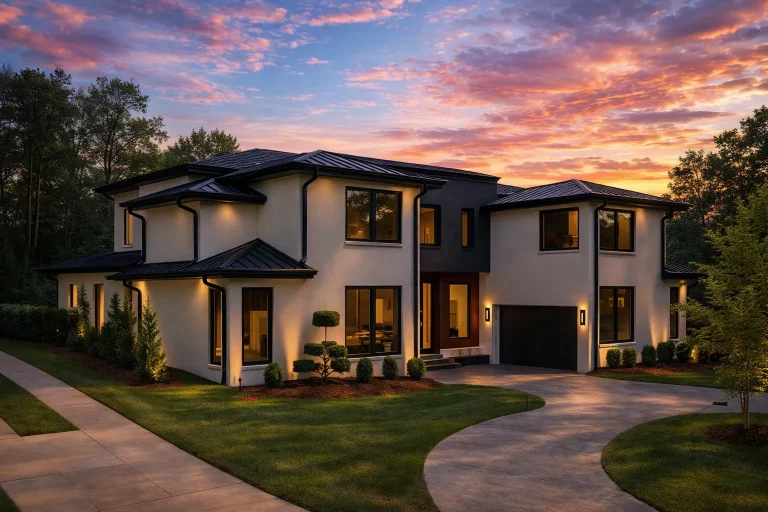 Front exterior view of a contemporary modern two-story house featuring smooth stucco walls, standing seam metal roof, black-framed windows, and a curved driveway