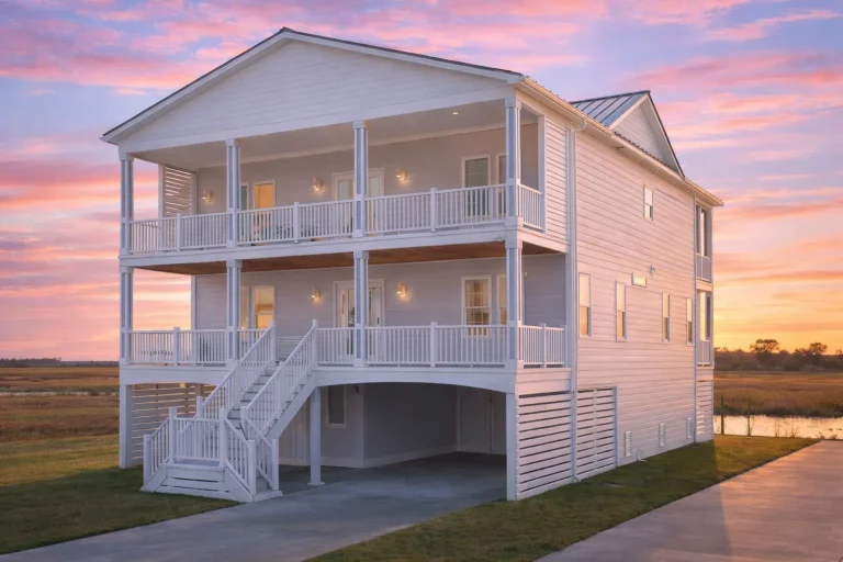 Front elevation of a Coastal Low Country beach house with elevated foundation, double porches, and shingle siding exterior