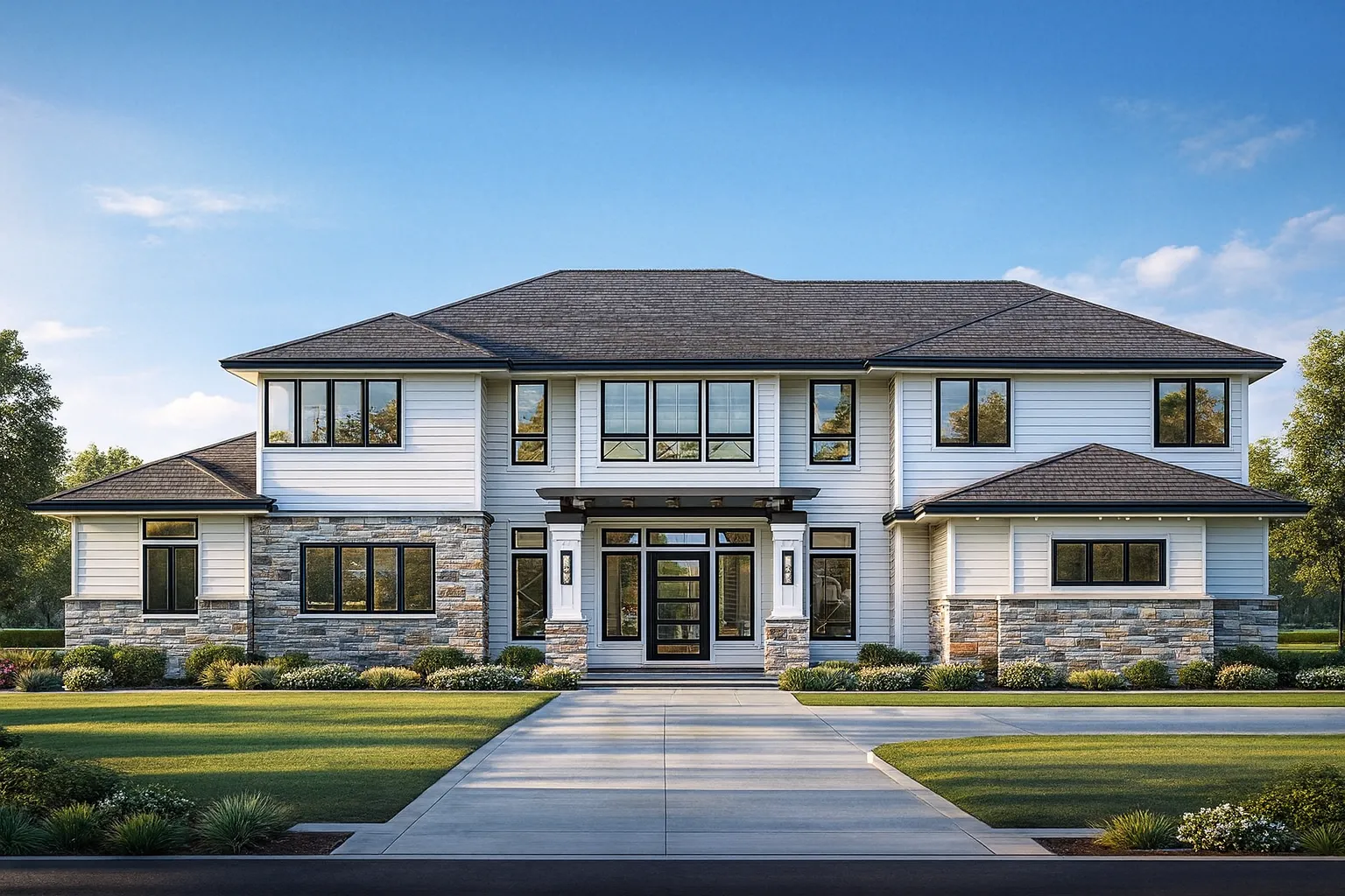 House Plans 17 Front elevation of a New American modern traditional house with horizontal siding, board-and-batten accents, stone veneer, and symmetrical two-story design